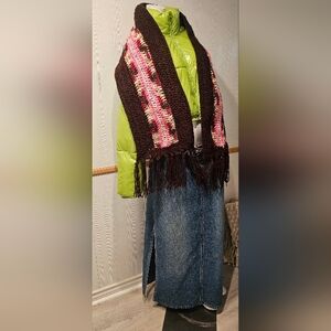 NEW CROCHET MUFFLER FRINGE LONG SCARF NECKWARMER BROWN PINK TAN WRAP 75"x10.5"